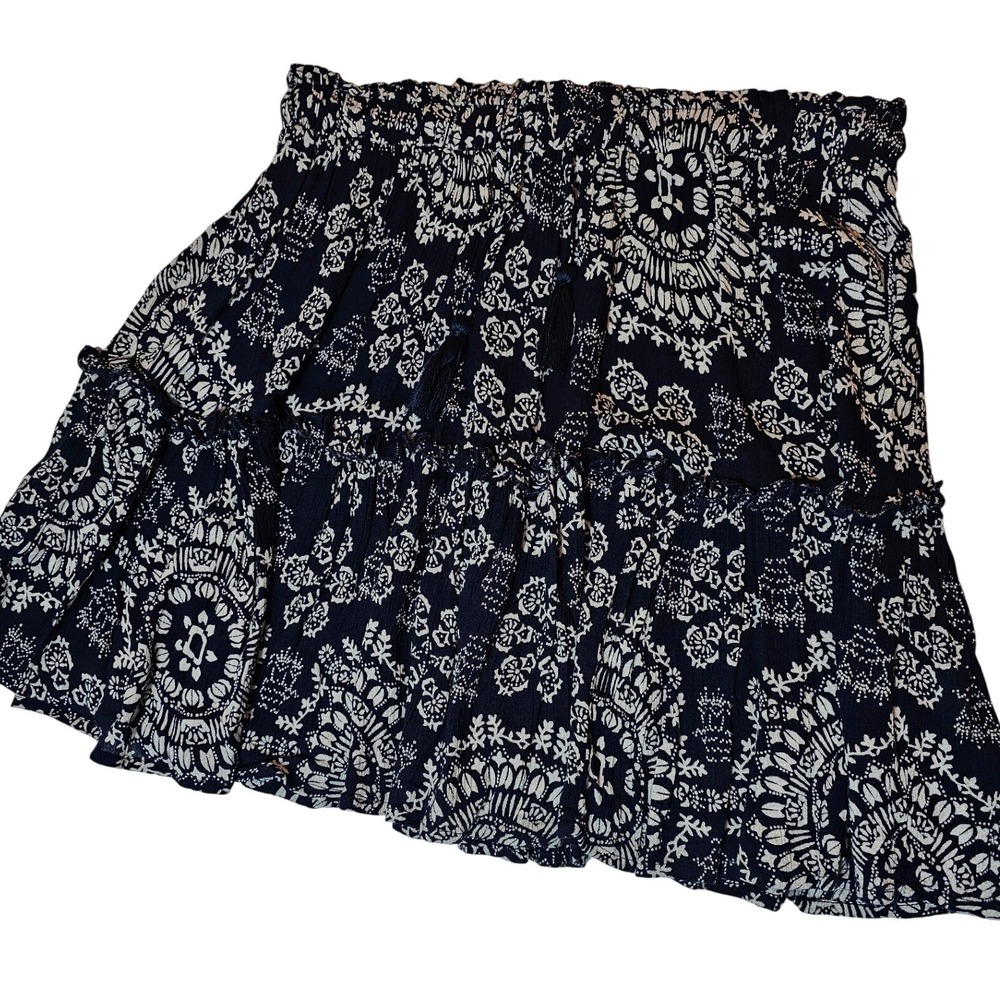 Elan Navy Blue White Medallion Floral Smocked Tiered Mini Skirt Tassel Medium